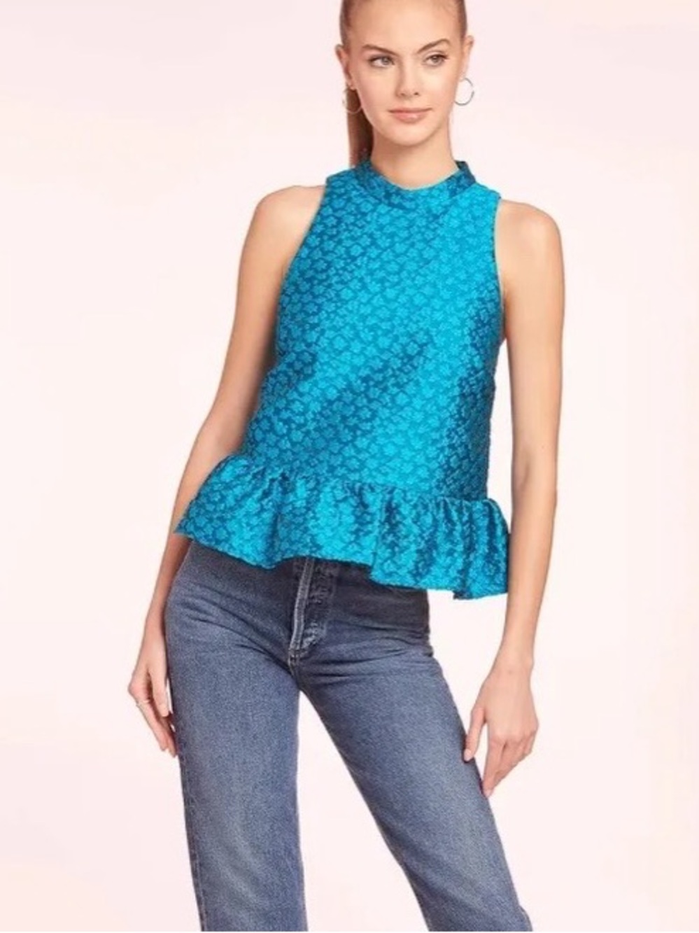 Amanda Uprichard Turquoise Floral Jacquard Peplum Sleeveless Top
